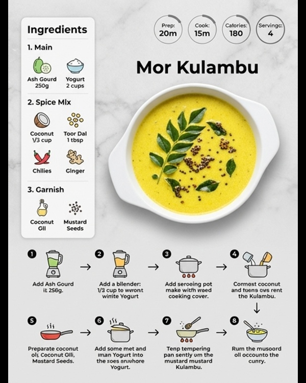 Creamy yellow Mor Kulambu served in a white ceramic bowl with tempering on top
