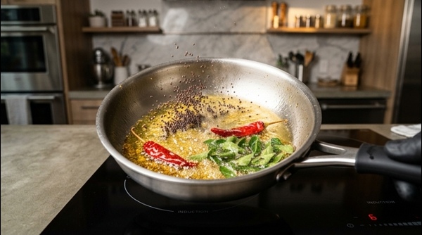 The finished Mor Kulambu with golden tempering and fresh curry leaves garnish