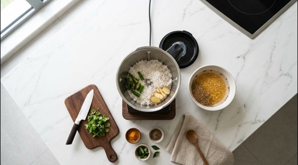 Freshly ground coconut and green chili paste in a modern blender Freshly ground coconut and green chili paste in a modern blender