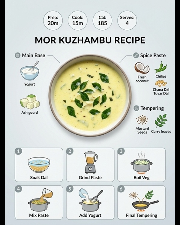 A bowl of creamy yellow Mor Kuzhambu garnished with curry leaves and mustard seeds A bowl of creamy yellow Mor Kuzhambu garnished with curry leaves and mustard seeds
