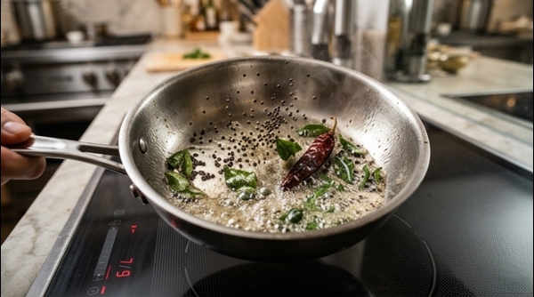 Sizzling mustard seeds and curry leaves being added to the yellow curry Sizzling mustard seeds and curry leaves being added to the yellow curry