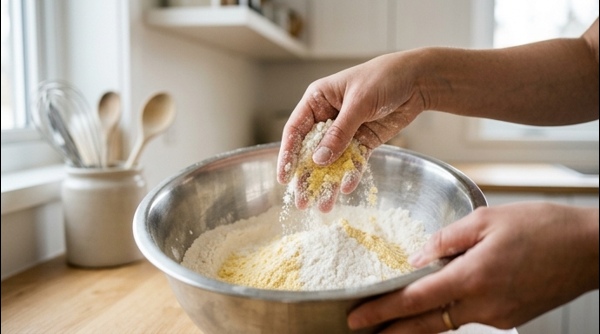 Mixing flours and spices in a modern glass bowl on a white marble surface