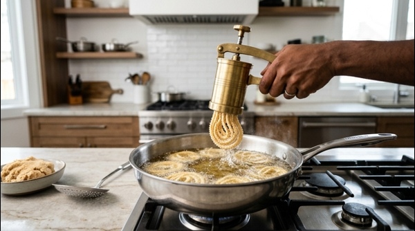 Golden brown murukku being drained from a modern frying pan with a slotted spoon
