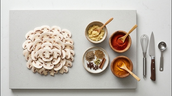 Chopped mushrooms and prepared spice paste on a kitchen counter