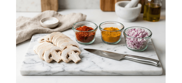 Sliced mushrooms and chopped onions prepared on a white marble countertop