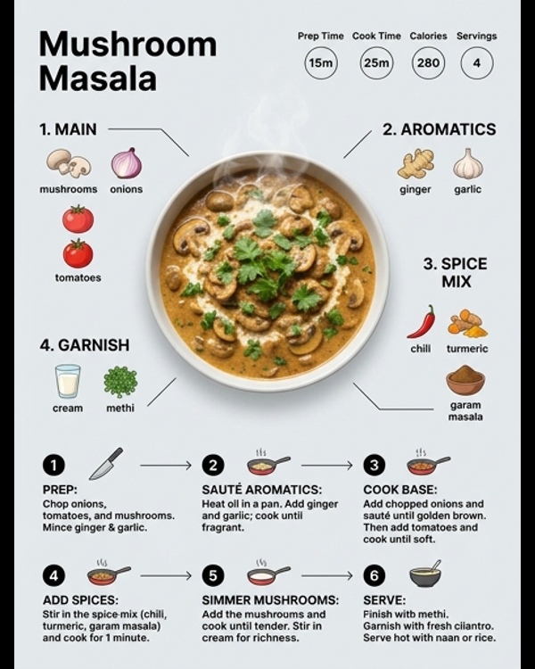 Rich and creamy restaurant style mushroom masala served in a bowl
