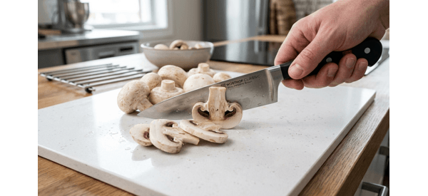Slicing fresh white mushrooms on a white marble cutting board Slicing fresh white mushrooms on a white marble cutting board