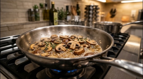 Final plated mushroom soup in a white bowl with herbs and steam rising