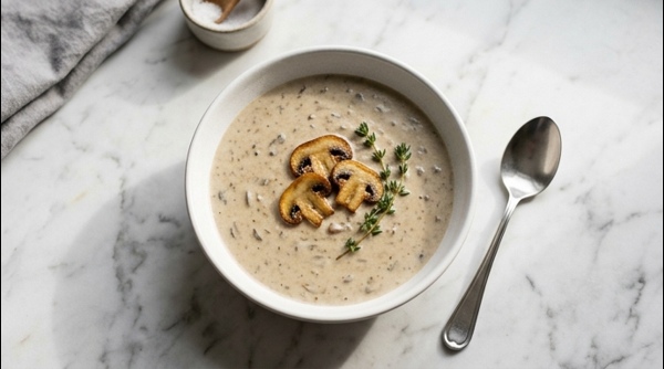 A creamy bowl of veg mushroom soup garnished with fresh herbs and sautéed mushroom slices on a white marble tabletop