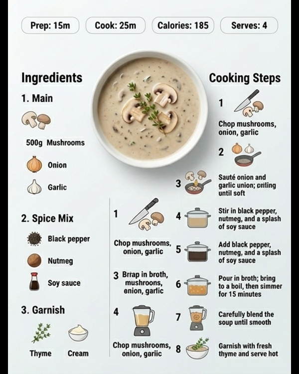 A creamy bowl of veg mushroom soup garnished with fresh herbs and sautéed mushroom slices on a white marble tabletop