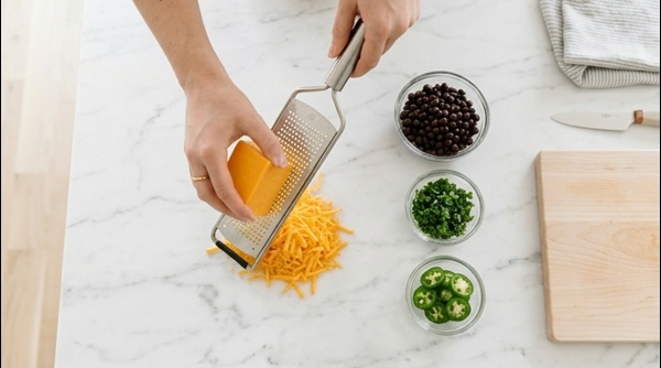 Layering cheese and black beans over corn chips on a baking sheet