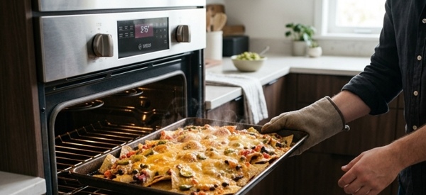 Golden melted cheese nachos fresh out of the oven Golden melted cheese nachos fresh out of the oven