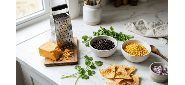 Hand-grating fresh cheddar cheese on a modern kitchen counter Hand-grating fresh cheddar cheese on a modern kitchen counter