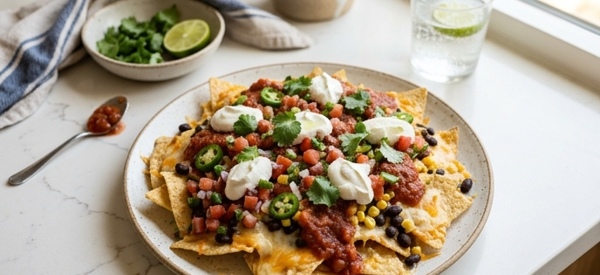 A large platter of loaded veg nachos with melted cheese and fresh toppings A large platter of loaded veg nachos with melted cheese and fresh toppings