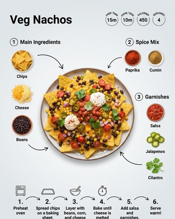 A large platter of loaded veg nachos with melted cheese and fresh toppings A large platter of loaded veg nachos with melted cheese and fresh toppings