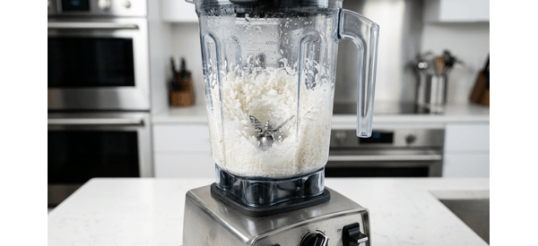 Rice and fresh coconut inside a modern blender jar ready to be ground Rice and fresh coconut inside a modern blender jar ready to be ground