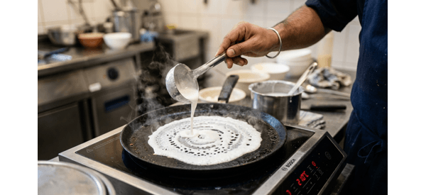 Thin white batter cooking on a hot black tawa with steam rising Thin white batter cooking on a hot black tawa with steam rising