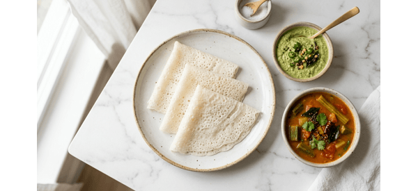 A plate of soft white lacy Neer Dosa served with coconut chutney and sambar A plate of soft white lacy Neer Dosa served with coconut chutney and sambar