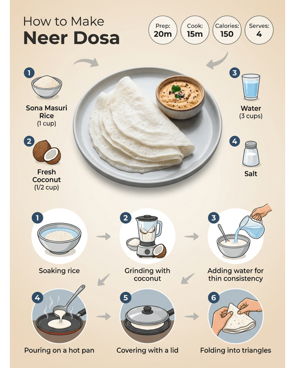 A plate of soft white lacy Neer Dosa served with coconut chutney and sambar A plate of soft white lacy Neer Dosa served with coconut chutney and sambar