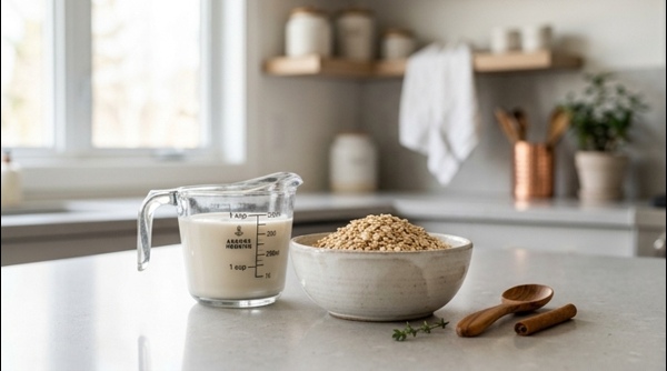 Close up of oats and milk simmering in a stainless steel pot on a modern stove