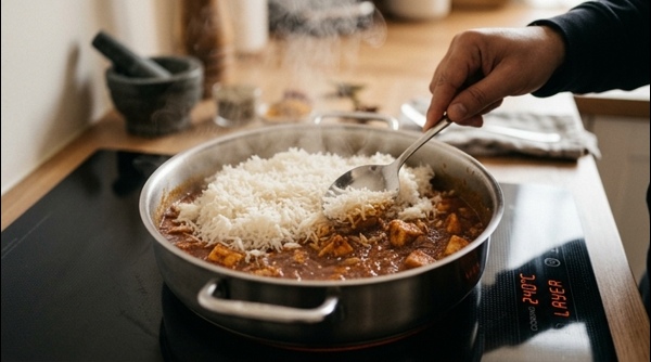 The layering process of rice over paneer masala in a modern steel pot The layering process of rice over paneer masala in a modern steel pot