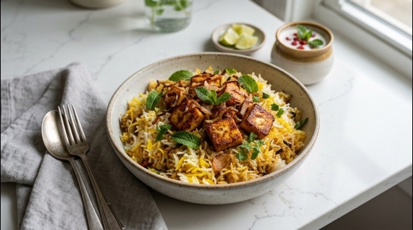 A steaming pot of Paneer Biryani garnished with golden fried onions and fresh mint leaves on a white marble counter