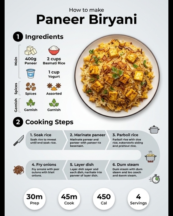 A steaming pot of Paneer Biryani garnished with golden fried onions and fresh mint leaves on a white marble counter