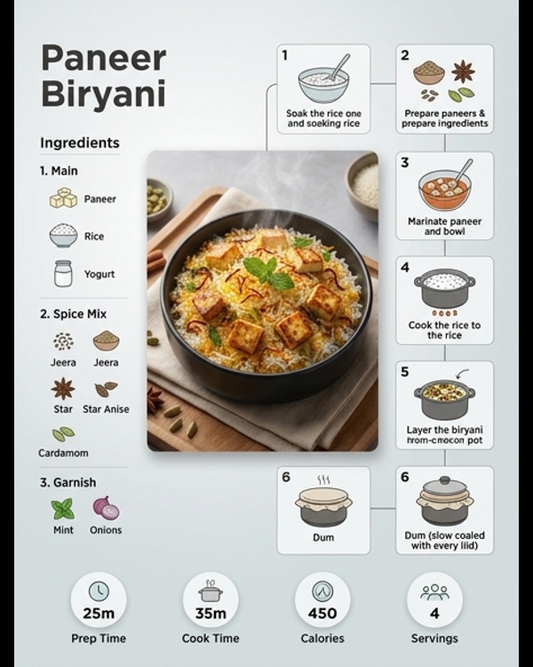 A premium plated Paneer Biryani served with raita on a white marble countertop A premium plated Paneer Biryani served with raita on a white marble countertop