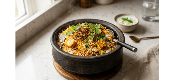 Restaurant style paneer biryani served in a clay pot with raita