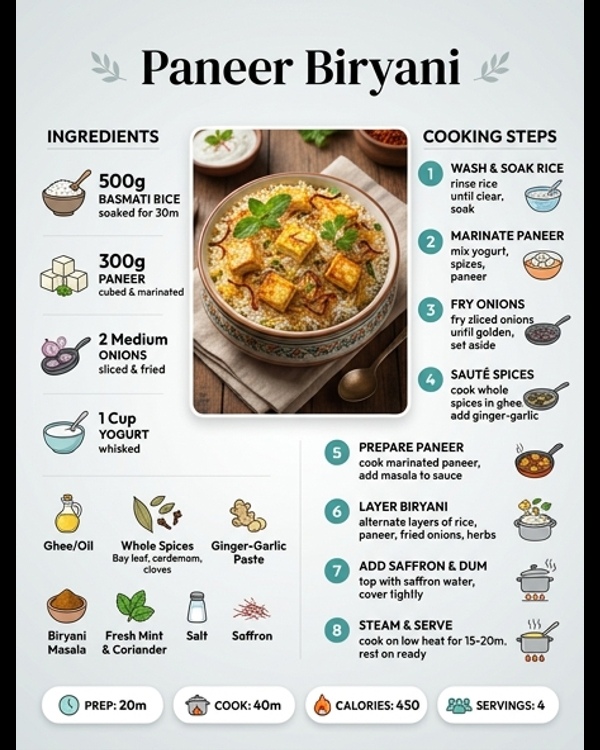 A beautiful plate of restaurant style Paneer Biryani with saffron rice and soft paneer cubes