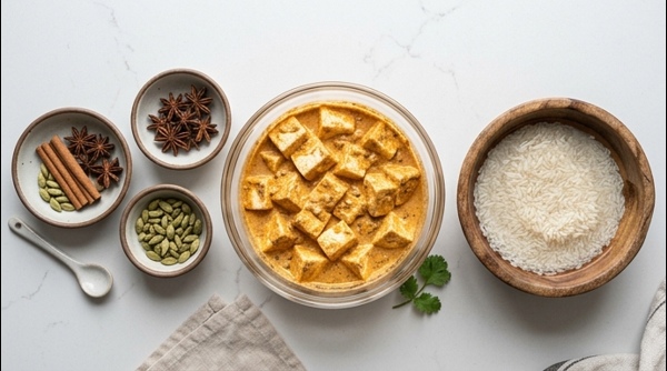 Marinating paneer cubes in a spiced yogurt mixture for biryani