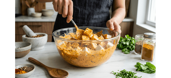 Paneer cubes marinating in a bowl with yogurt and spices