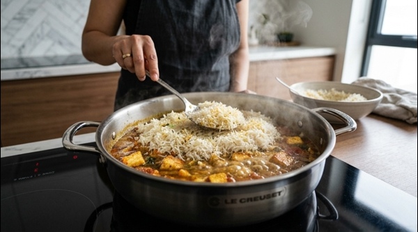 A silver ladle scooping out a portion of colorful paneer biryani from a modern cooking pot