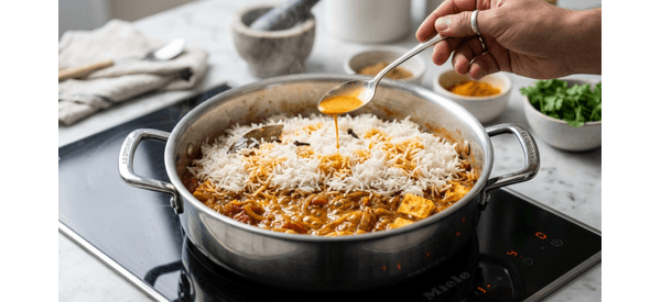 Final plated restaurant style paneer biryani with garnishes