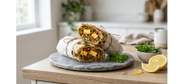 A delicious paneer kathi roll wrapped in parchment paper on a marble plate A delicious paneer kathi roll wrapped in parchment paper on a marble plate