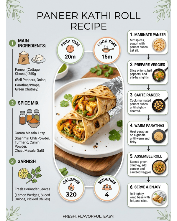 A delicious paneer kathi roll wrapped in parchment paper on a marble plate A delicious paneer kathi roll wrapped in parchment paper on a marble plate