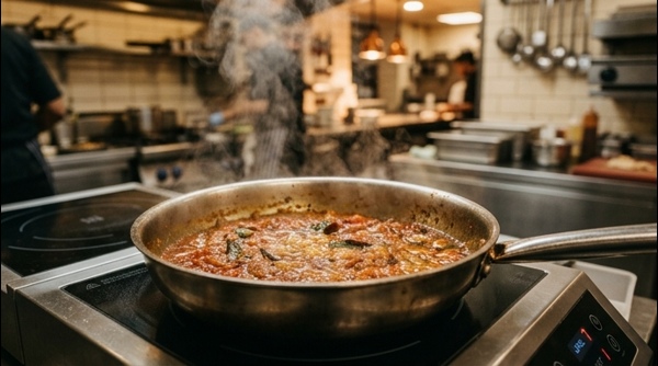 Adding cream and grated paneer to the rich orange gravy in a pan