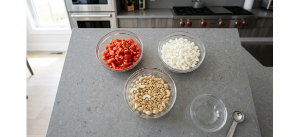 Chopped onions, tomatoes, and soaked cashews on a modern kitchen counter Chopped onions, tomatoes, and soaked cashews on a modern kitchen counter