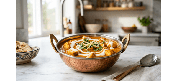 Restaurant style Paneer Lababdar served in a copper bowl with fresh cream swirl Restaurant style Paneer Lababdar served in a copper bowl with fresh cream swirl