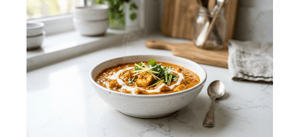 Creamy Paneer Lababdar served in a white ceramic bowl garnished with fresh coriander