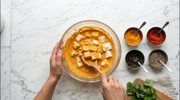 Cubes of white paneer mixed with orange spices and white yogurt in a glass bowl