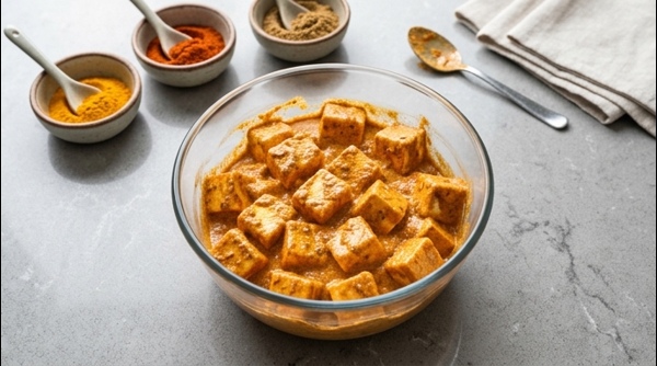Paneer cubes being marinated in a spicy yogurt mixture in a glass bowl