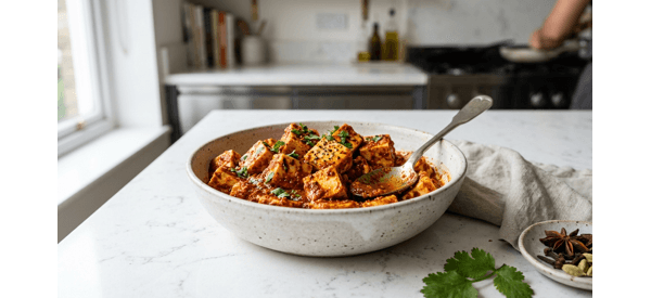 Paneer cubes coated in a vibrant red yogurt marinade in a modern bowl Paneer cubes coated in a vibrant red yogurt marinade in a modern bowl
