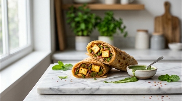 A delicious street style paneer roll served on a modern plate with green chutney