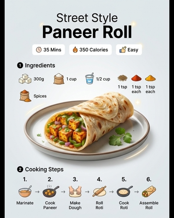 A delicious street style paneer roll served on a modern plate with green chutney