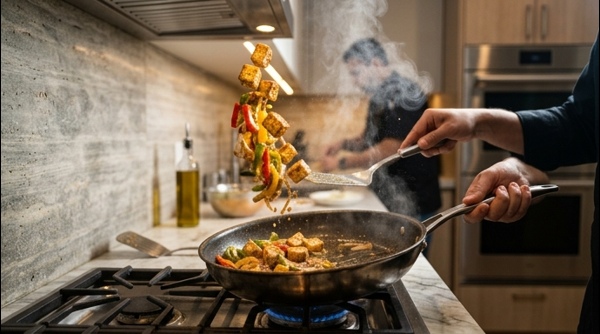 A hand rolling the paneer filling inside a fresh paratha on a marble counter