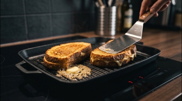 Grilling the paneer sandwich on a sleek modern pan until golden