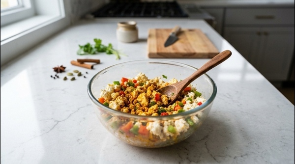 A close-up of crumbled paneer mixed with vibrant spices and chopped vegetables in a glass bowl.