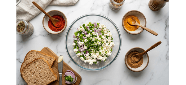 A bowl of crumbled paneer mixed with chopped onions, green chilies, and spices A bowl of crumbled paneer mixed with chopped onions, green chilies, and spices