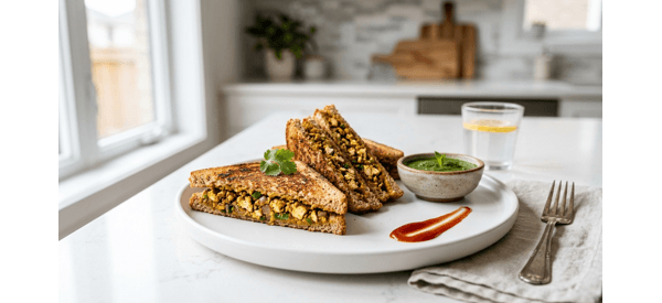 A perfectly toasted North Indian style paneer sandwich served with green chutney and ketchup A perfectly toasted North Indian style paneer sandwich served with green chutney and ketchup